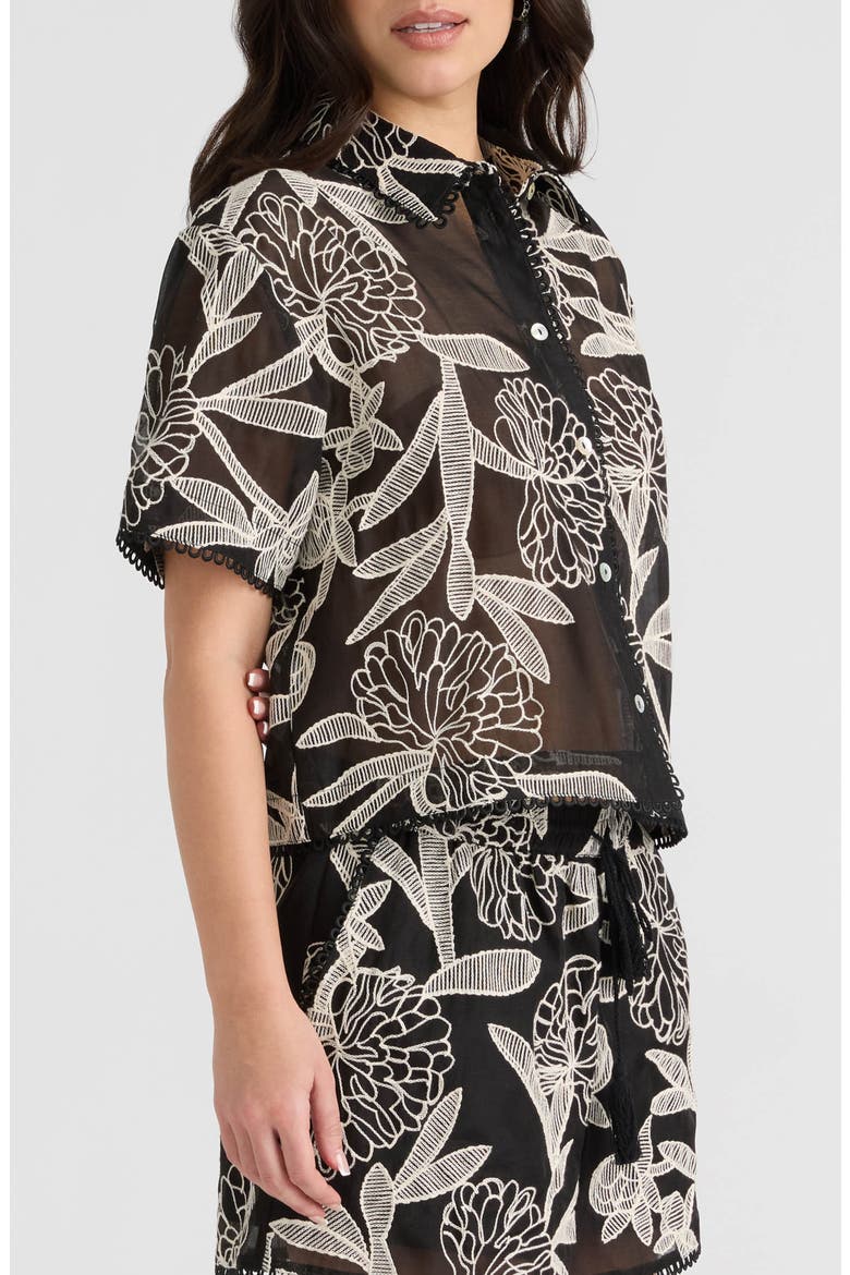 Embroidered Georgette Short Sleeve Camp Shirt, Alternate, color, BLACK/ CREAM