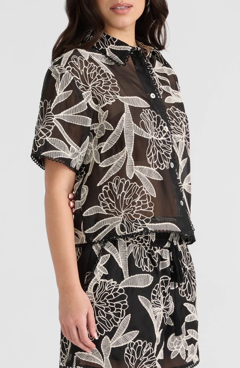 NVLT Embroidered Georgette Short Sleeve Camp Shirt, Alternate, color, Black/ Cream