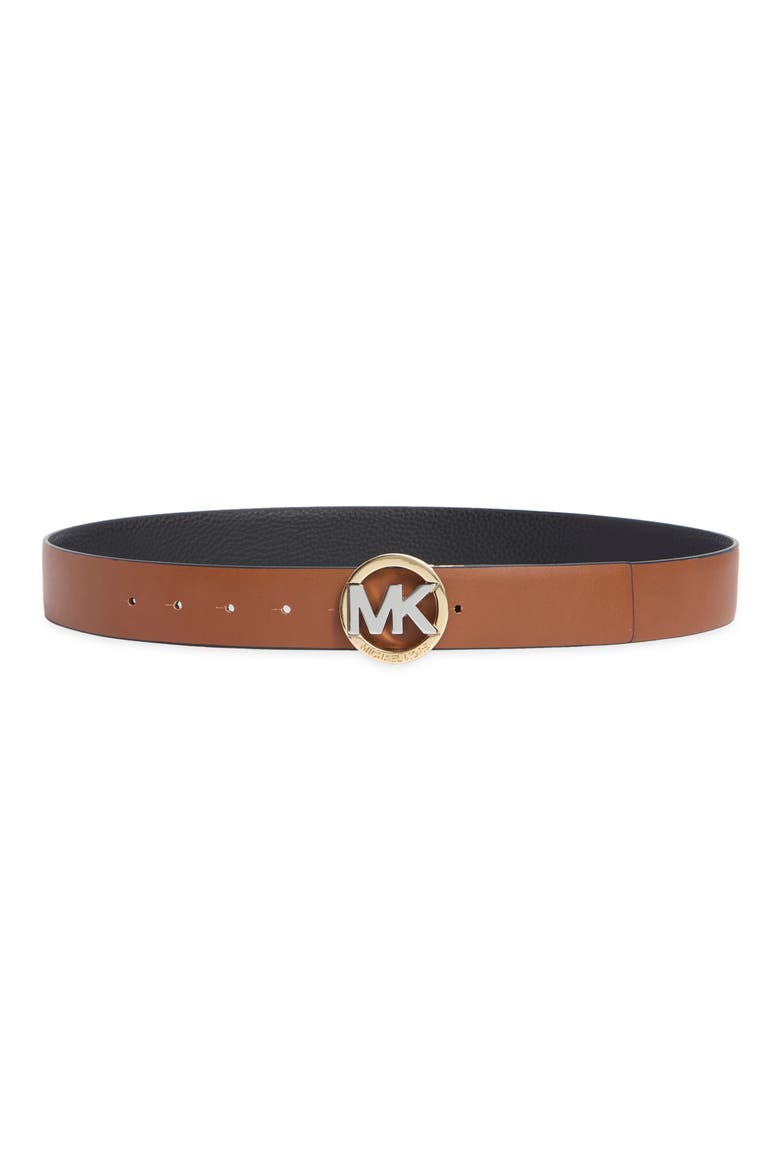 Smooth Leather MK Logo Buckle Belt, Alternate, color, BLACK/LUGGAGE