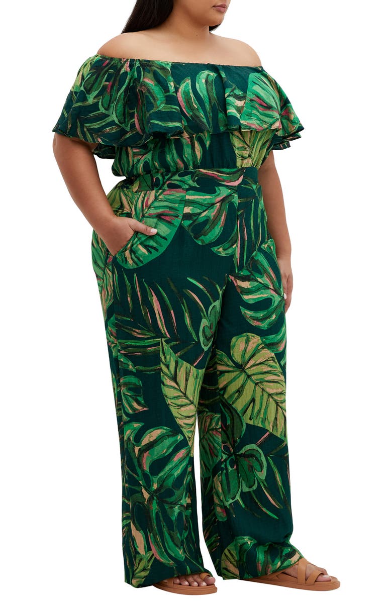City Chic Peta Palm Jumpsuit, Alternate, color, 