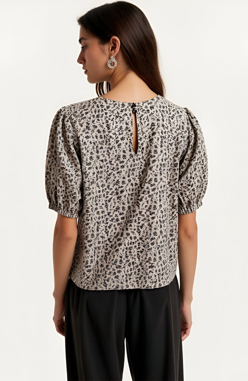 Modenaire Puff Sleeve Blouse With Velvet Bow Accents And Crew Neckline In Multi