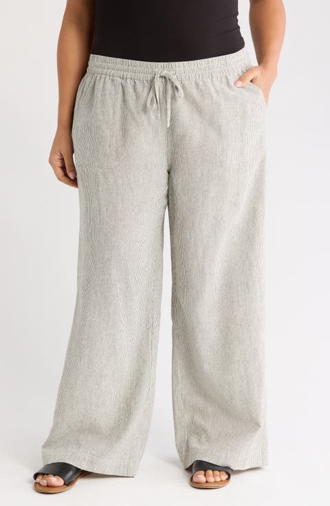 Stripe Linen Blend Drawstring Pants (Plus)