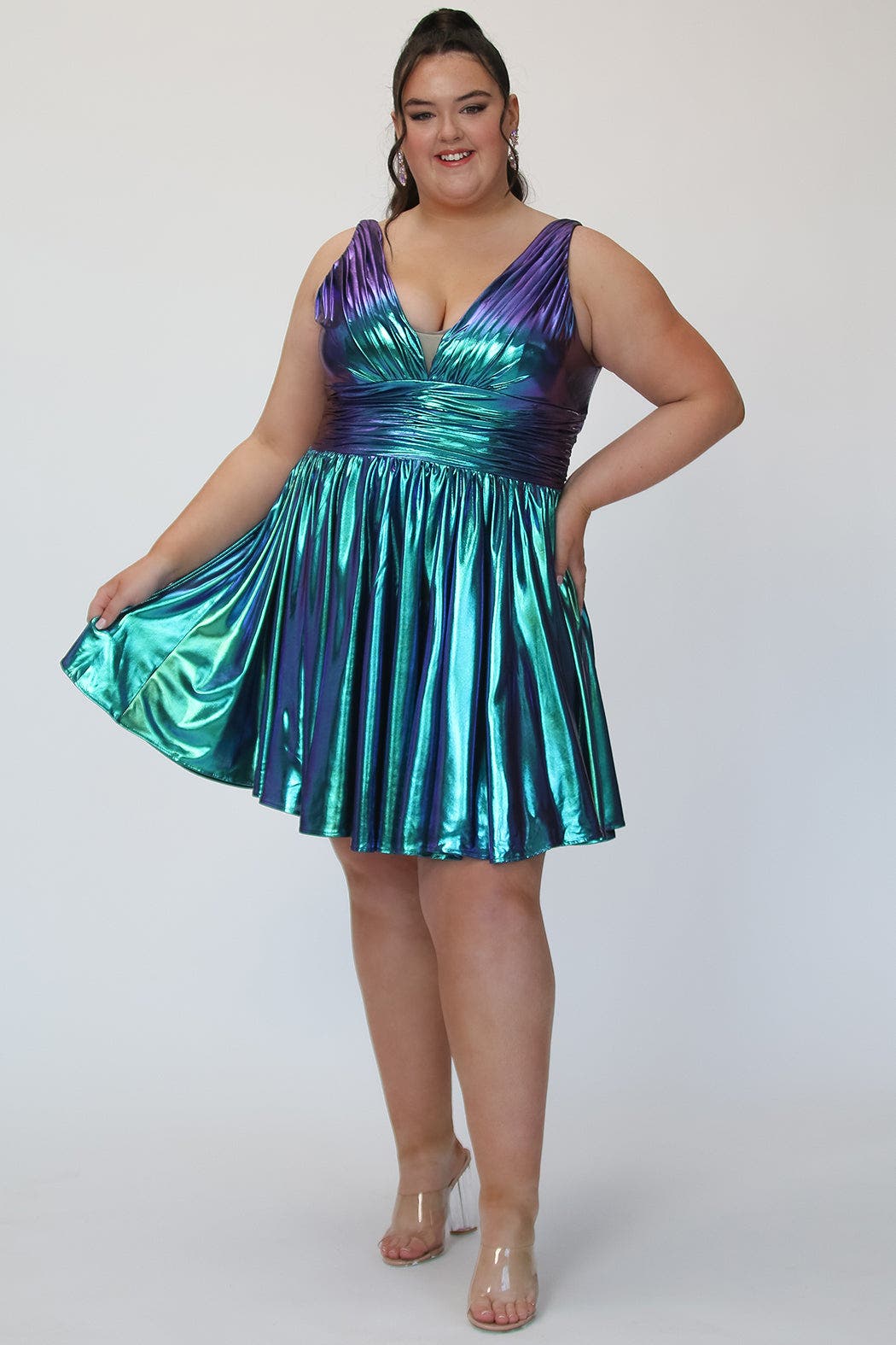 Sydney's Closet Bra-friendly Iridescent A-line Party Dress in Peacock 