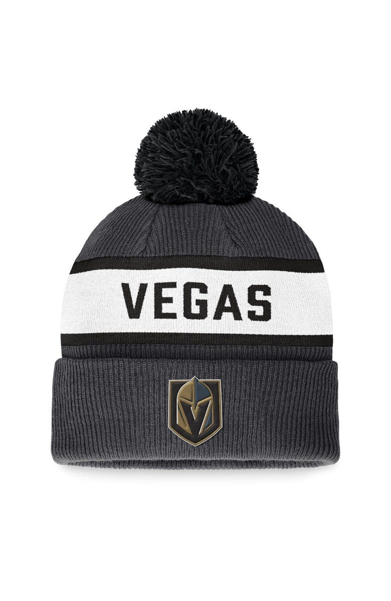 FANATICS Men's Fanatics Branded Charcoal Vegas Golden Knights Fundamental Wordmark Cuffed Knit Hat with Pom, Main, color, Charcoal