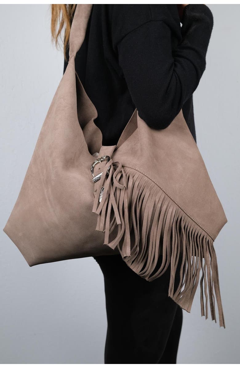 Forever & Always Shoes Rosalin Leather Tassel Shoulder Bag, Alternate, color, Dark Beige Suede