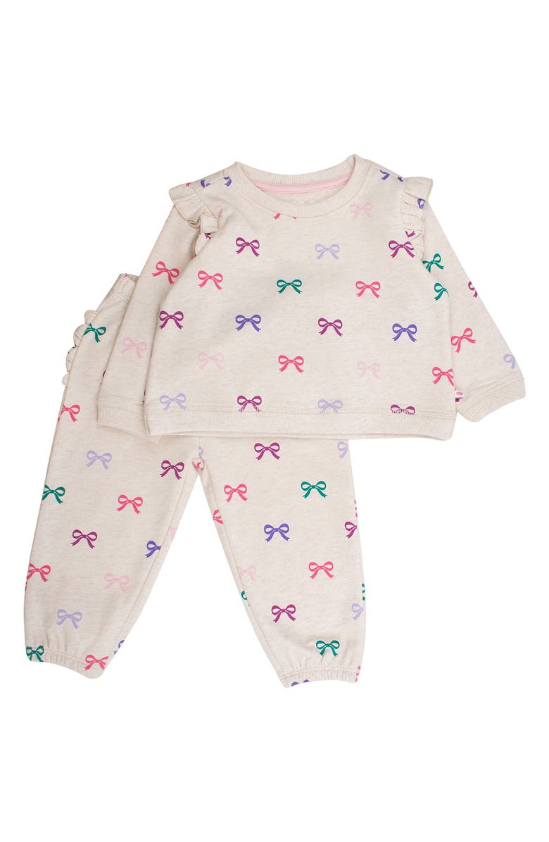 RuffleButts Heather Oatmeal Ribbons Cotton Sweatshirt & Sweatpants Set, Main, color,