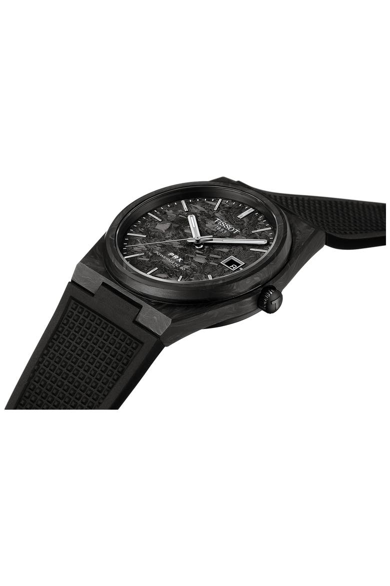 PRX GTS Powermatic 80 Rubber Strap Watch, 40mm, Alternate, color, BLACK CARBON