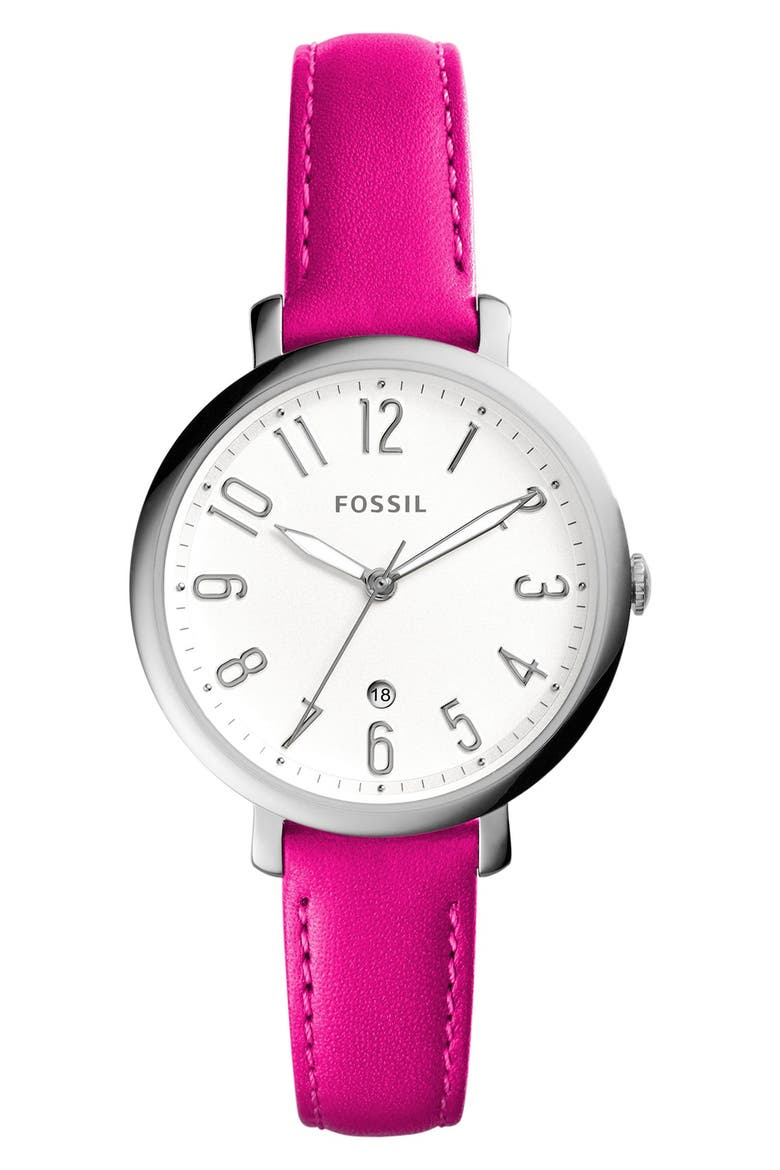 'Jacqueline' Leather Strap Watch, 36mm, Main, color, PINK/ SILVER