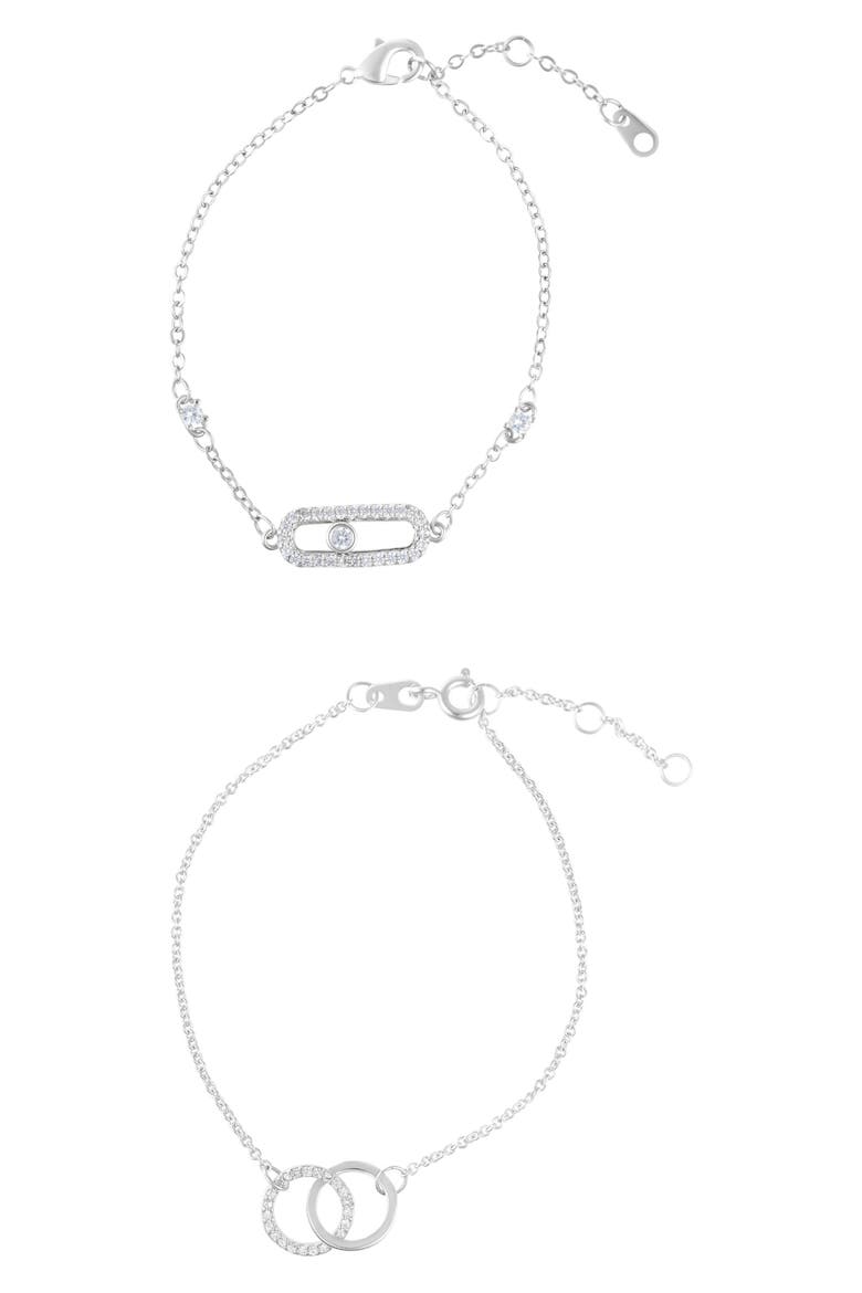 Set of 2 Interlock Ring & Dancing Stone Bar Bracelets, Main, color, SILVER