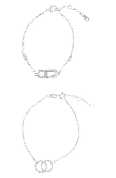 Set of 2 Interlock Ring & Dancing Stone Bar Bracelets