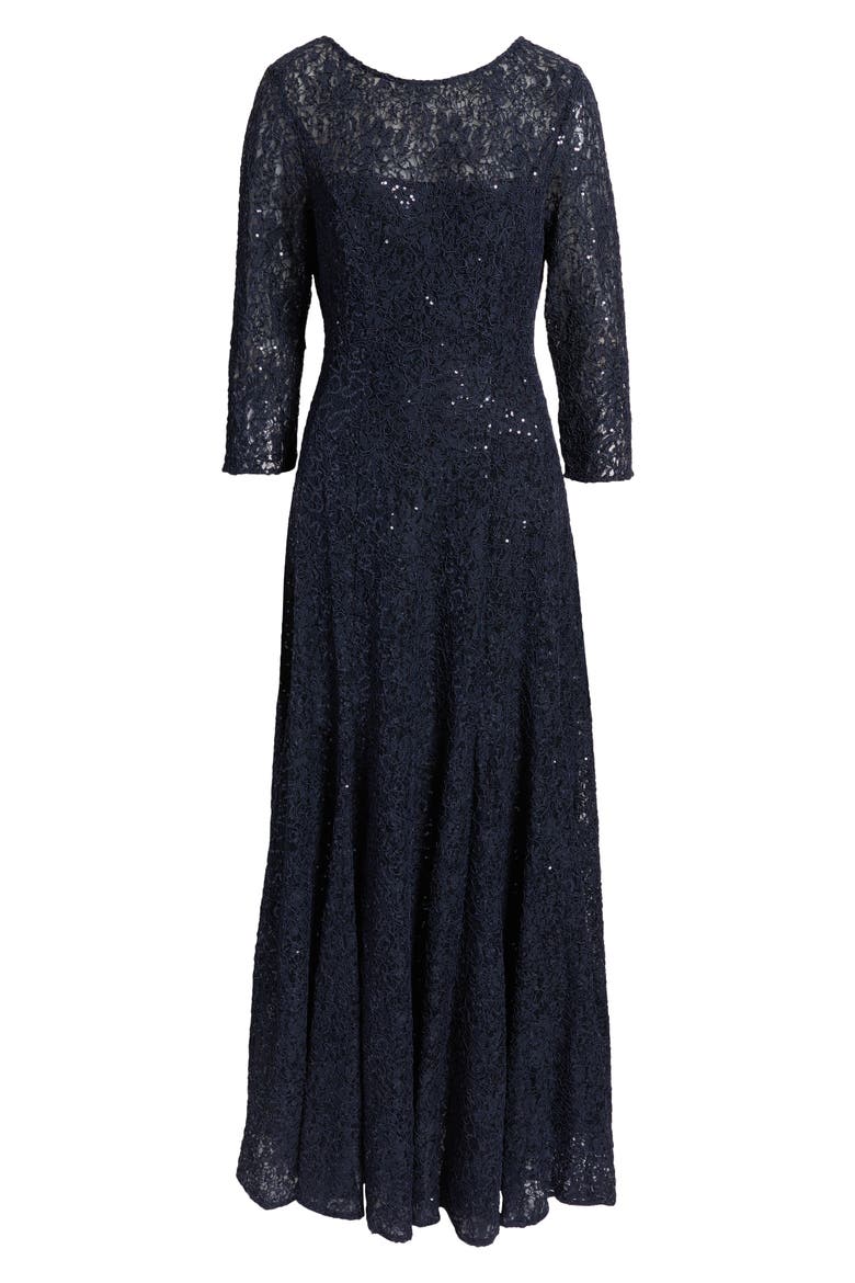 Sequin Lace A-Line Gown, Alternate, color, NAVY