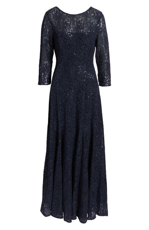 Tahari Asl Sequin Lace A-line Gown In Navy
