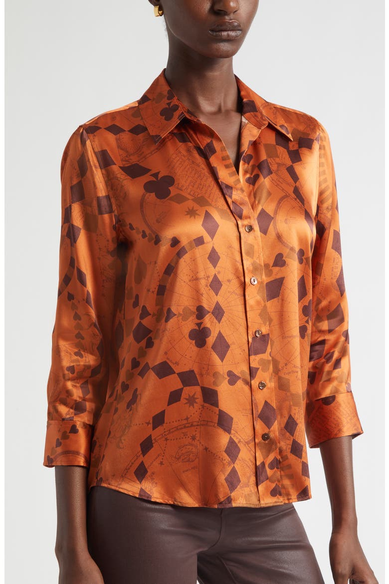 Dani Playing Card Print Silk Button-Up Shirt, Alternate, color, AMBER BROWN PLAYING CARD GEO