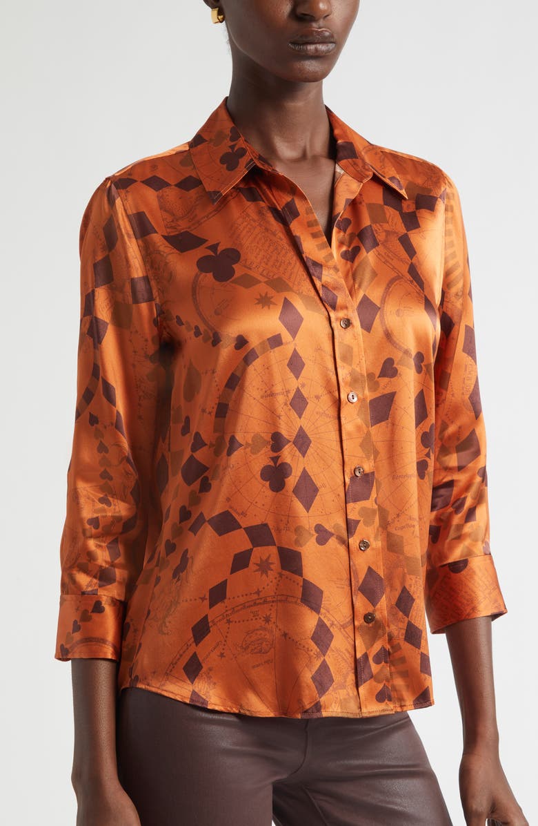 L
AGENCE Dani Playing Card Print Silk Button-Up Shirt, Alternate, color, Amber Brown Playing Card Geo