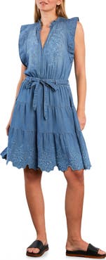 Wash Lab Denim Rose Eyelet Embroidered Denim Dress