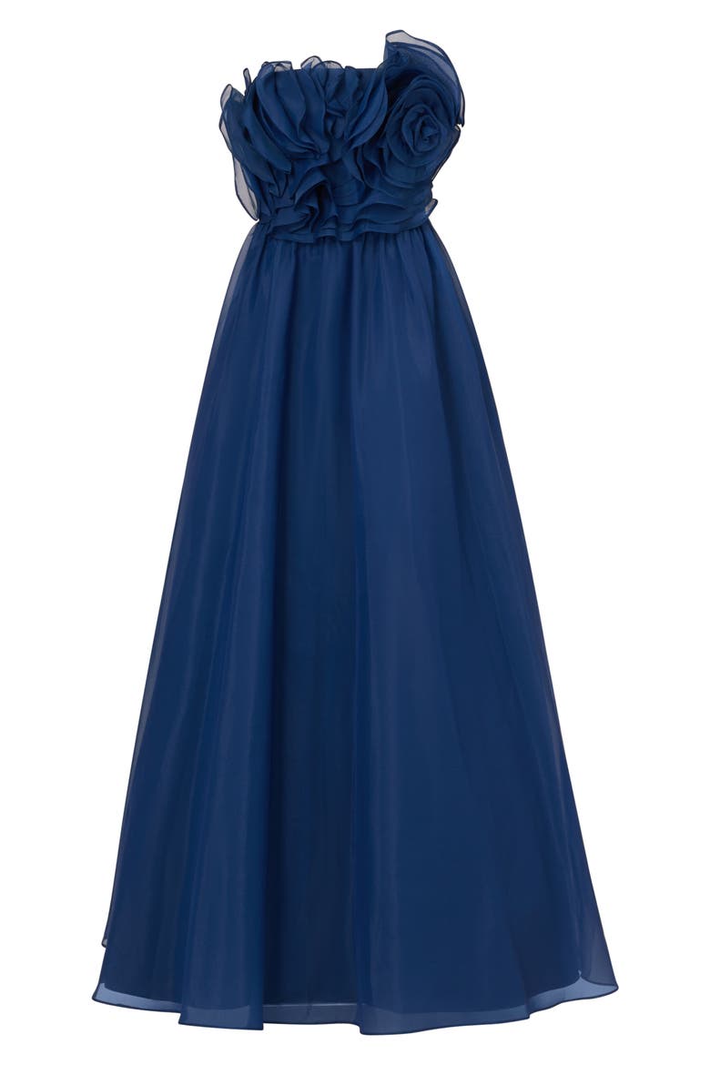 Floral Ruffle Organza Ballgown, Alternate, color, NAVY