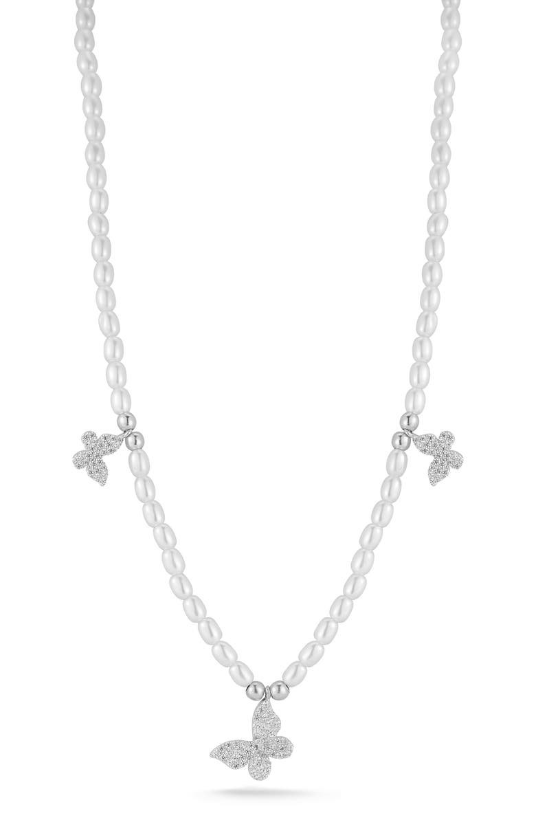 CHLOE AND MADISON Cultured Pearl Butterfly Necklace, Main, color, Silver