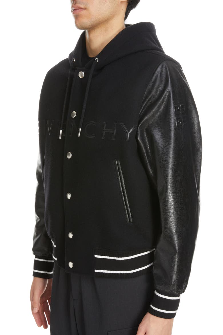 Mixed Media Logo Wool Blend Varsity Jacket, Alternate, color, BLACK