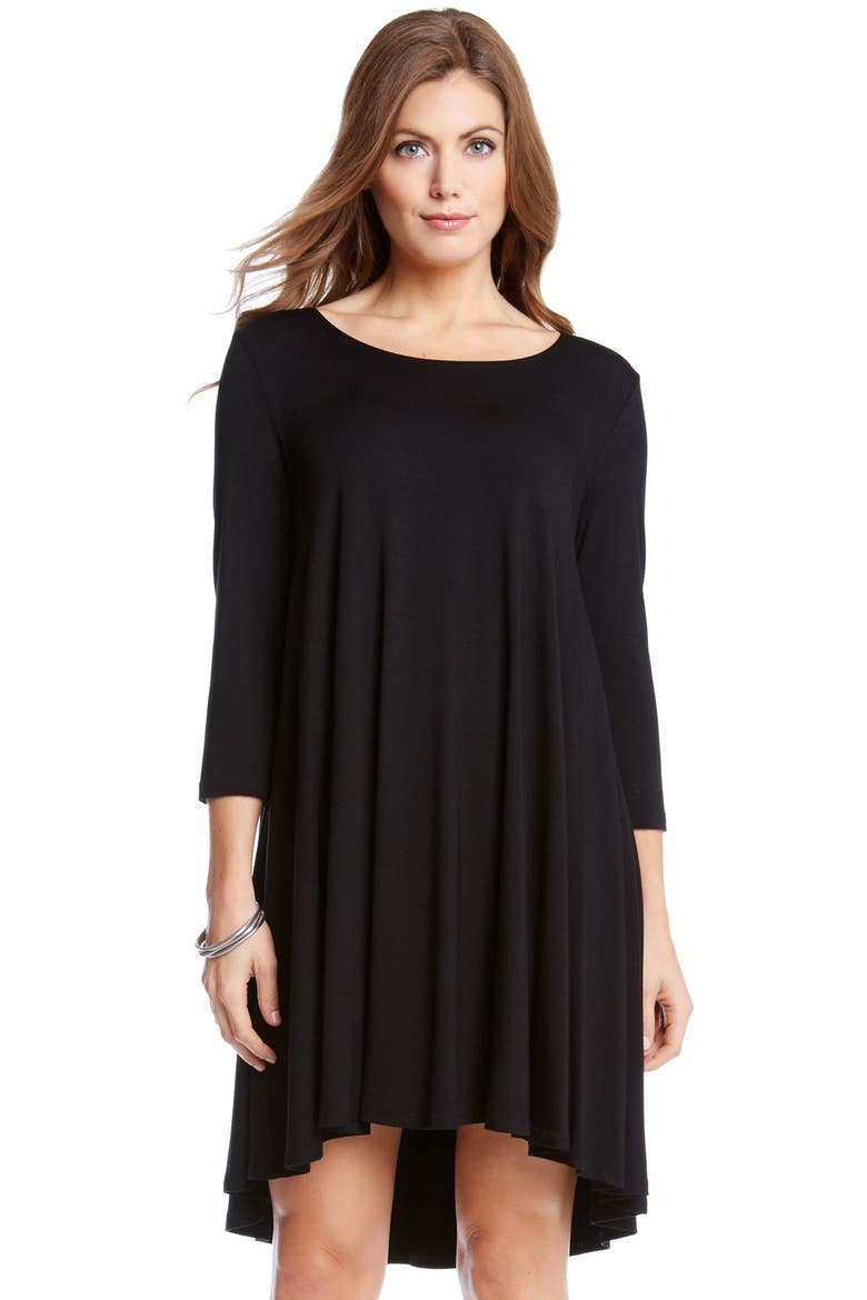 'Maggie' Three Quarter Sleeve Trapeze Dress, Main, color, BLACK