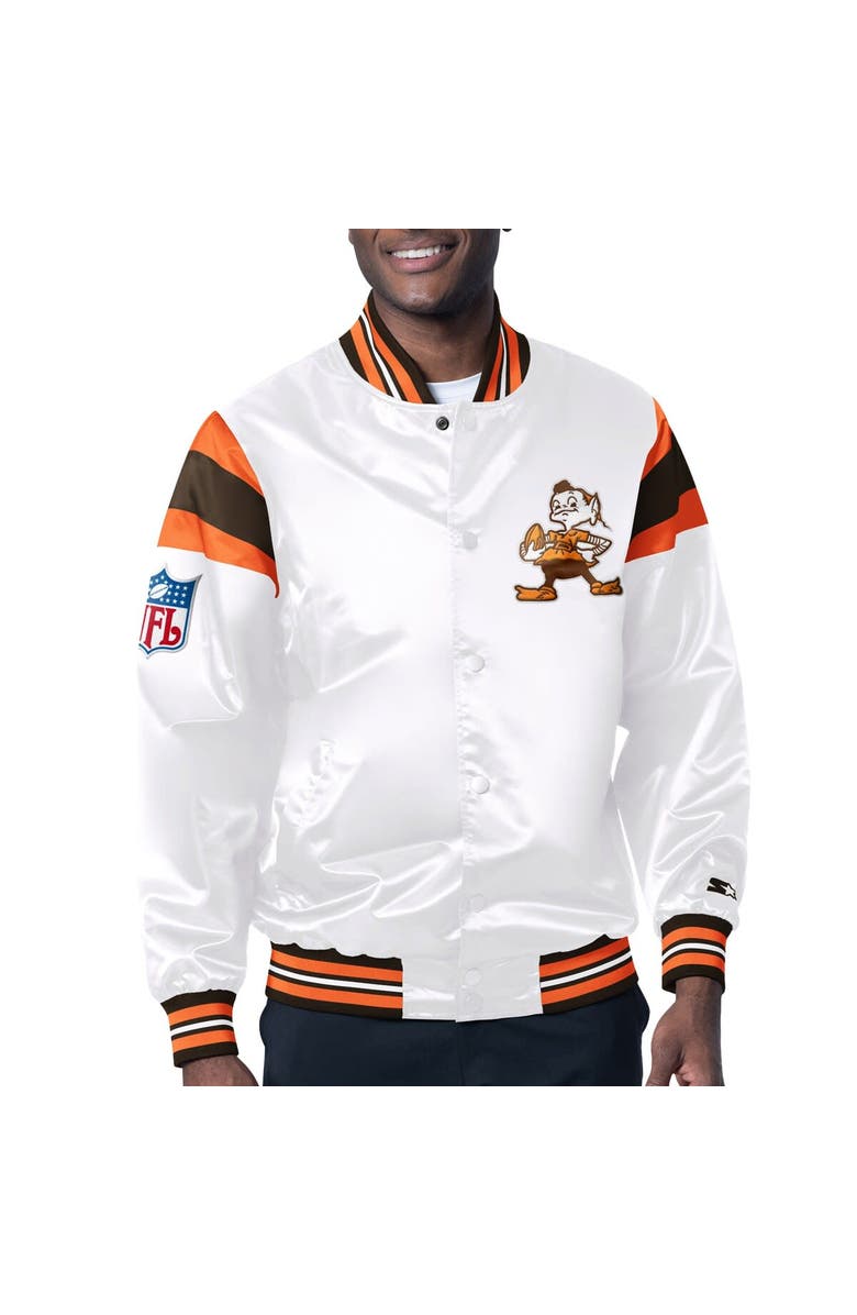 STARTER Men's Starter White/Brown Cleveland Browns Vintage Satin Full-Snap Varsity Jacket, Alternate, color, 