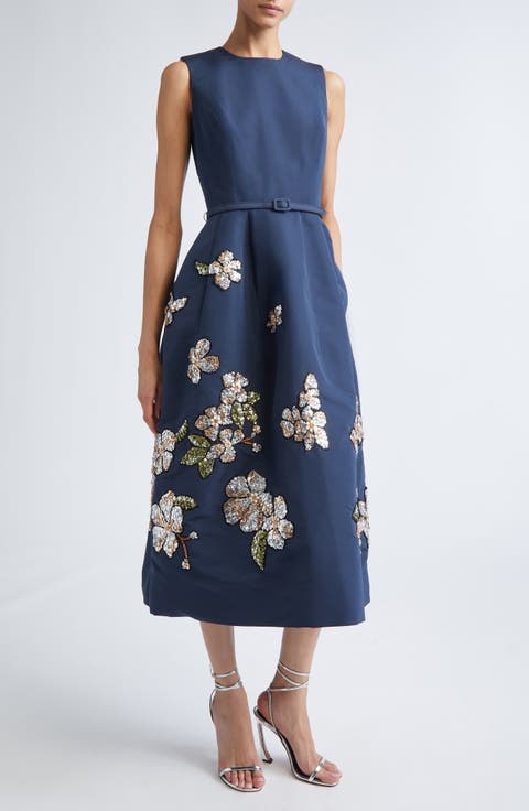 Sequin Floral Embroidered Belted Cocktail Dress