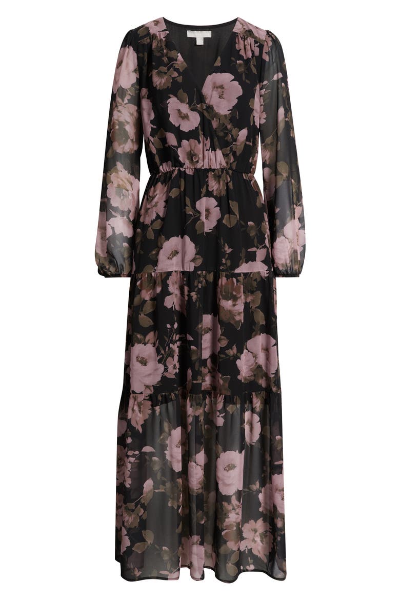 Floral Print Long Sleeve Tiered Maxi Dress, Alternate, color, BLACK FIONA FLORAL