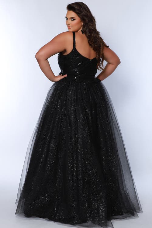 Sydney's Closet Tulle A-line V-neck Plus Size Evening Gown In Black