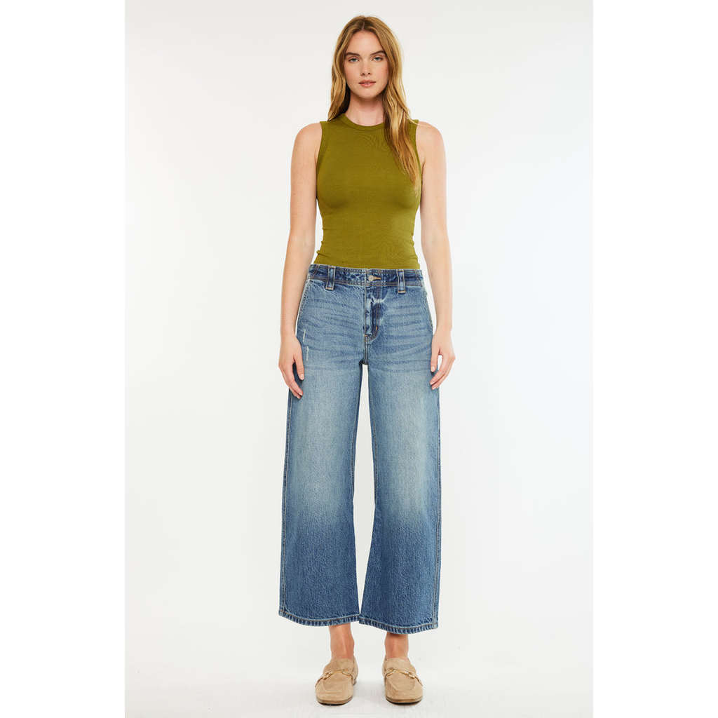 Kancan Bells Mid Rise Loose Barrel Jeans In Blue