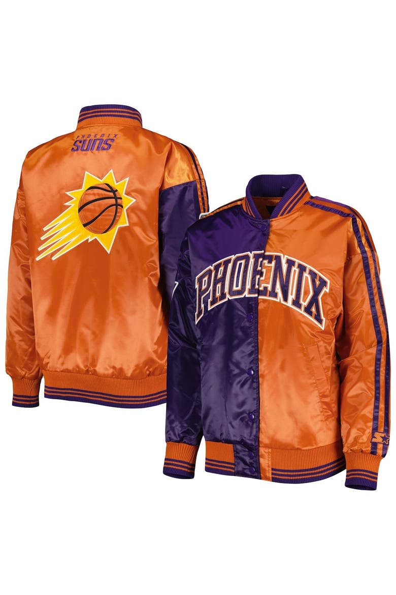 Women's Starter Purple/Orange Phoenix Suns Split Colorblock Satin Full-Snap Varsity Jacket, Main, color, Purple
