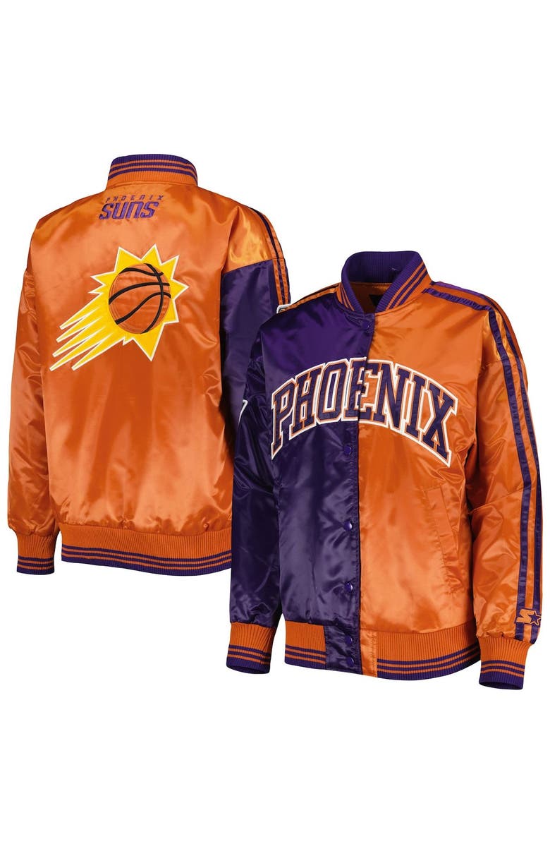STARTER Women's Starter Purple/Orange Phoenix Suns Split Colorblock Satin Full-Snap Varsity Jacket, Main, color, Purple