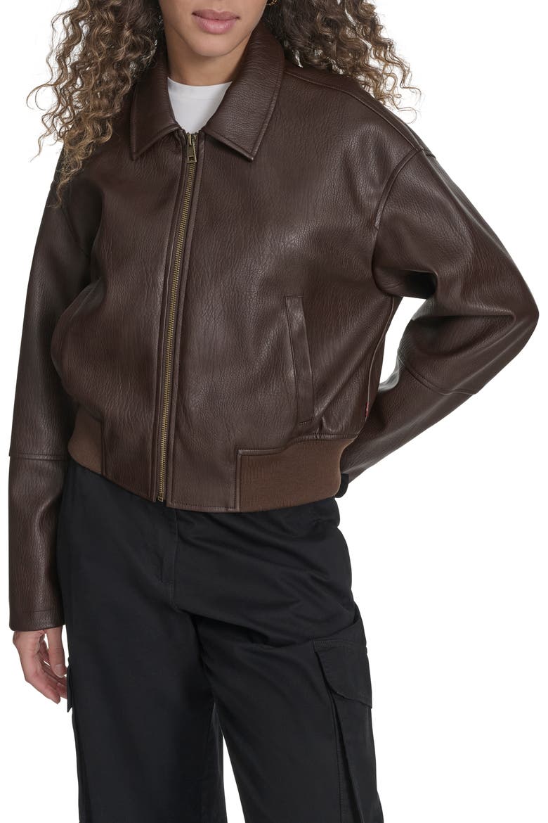 Faux Leather Bomber Jacket, Main, color, DARK BROWN