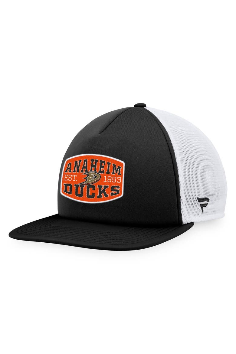 Men's Fanatics Branded Black/White Anaheim Ducks Foam Front Patch Trucker Snapback Hat, Main, color, Black