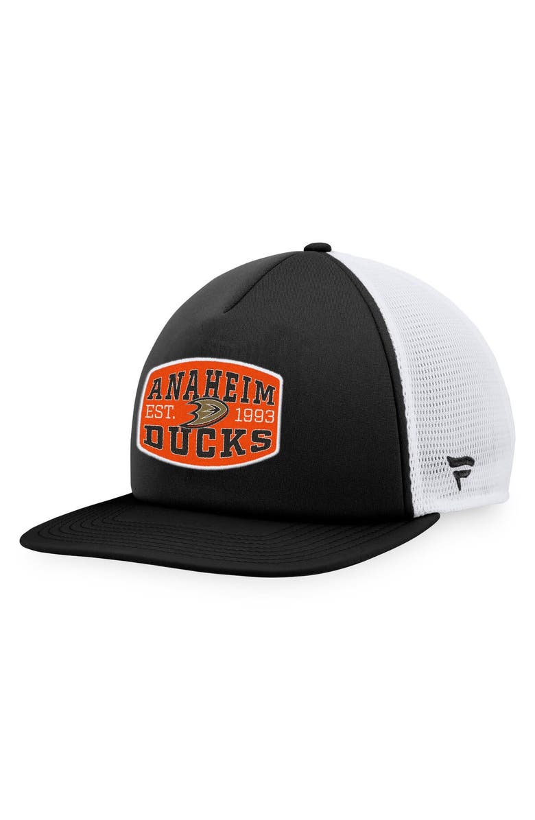 FANATICS Men's Fanatics Branded Black/White Anaheim Ducks Foam Front Patch Trucker Snapback Hat, Main, color, Black