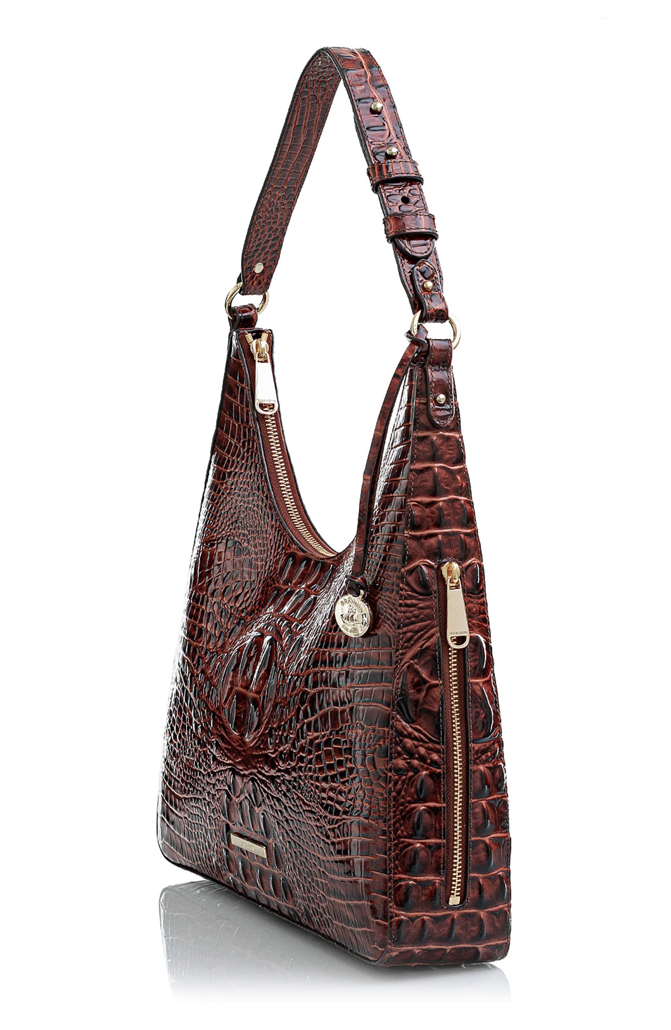 Brahmin Tabitha Croc Embossed Leather Shoulder Bag, Alternate, color, Pecan Melbourne