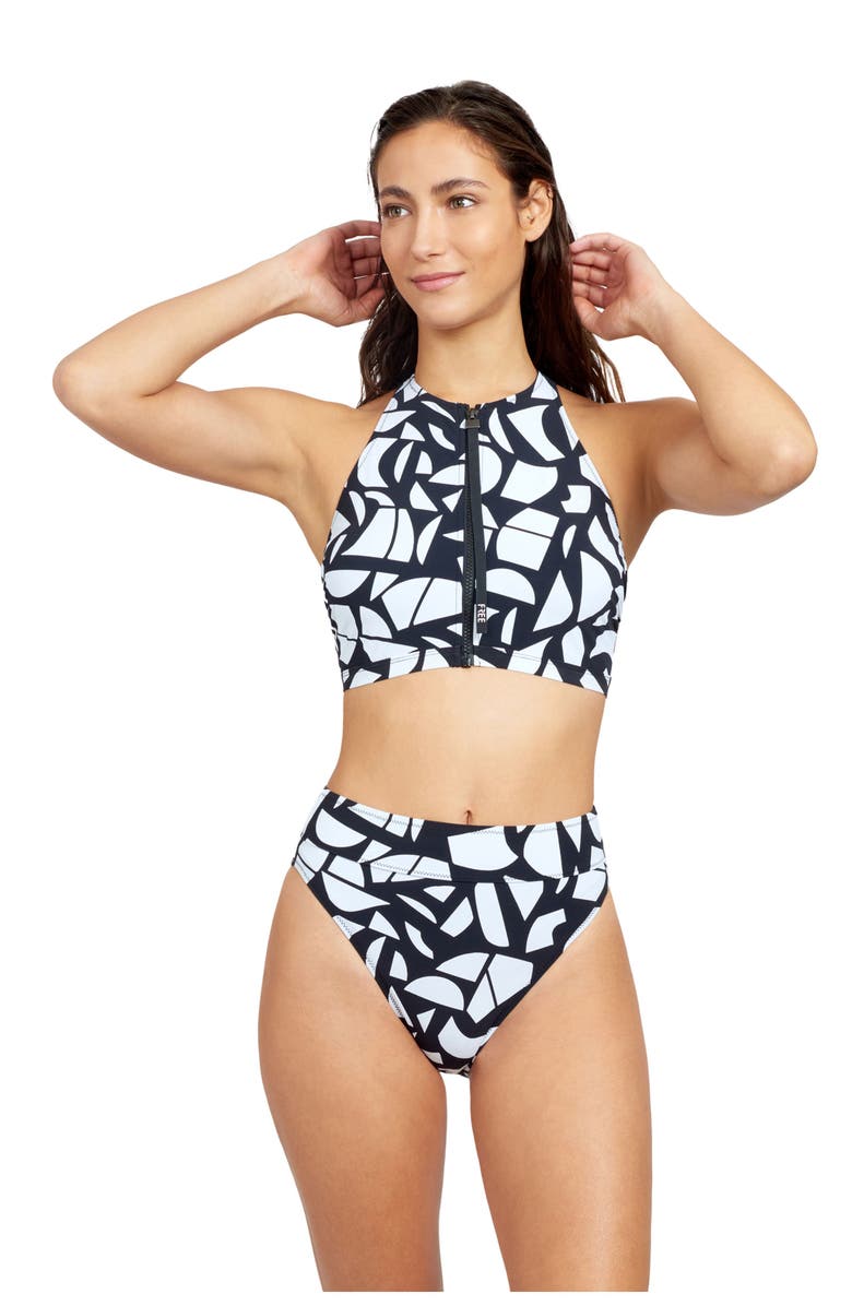 Free Sport by Gottex Geo Club High Neck Bikini Swim Top with Zipper, Alternate, color, 
