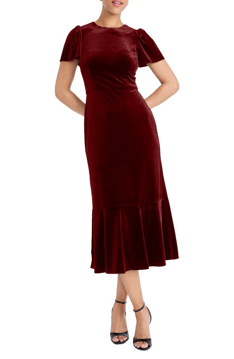 Maggy London Short Sleeve Velvet Midi Dress, Main, color, Dark Scarlet