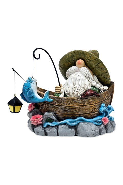 Fishing Gnome Rowboat Lantern Figurine