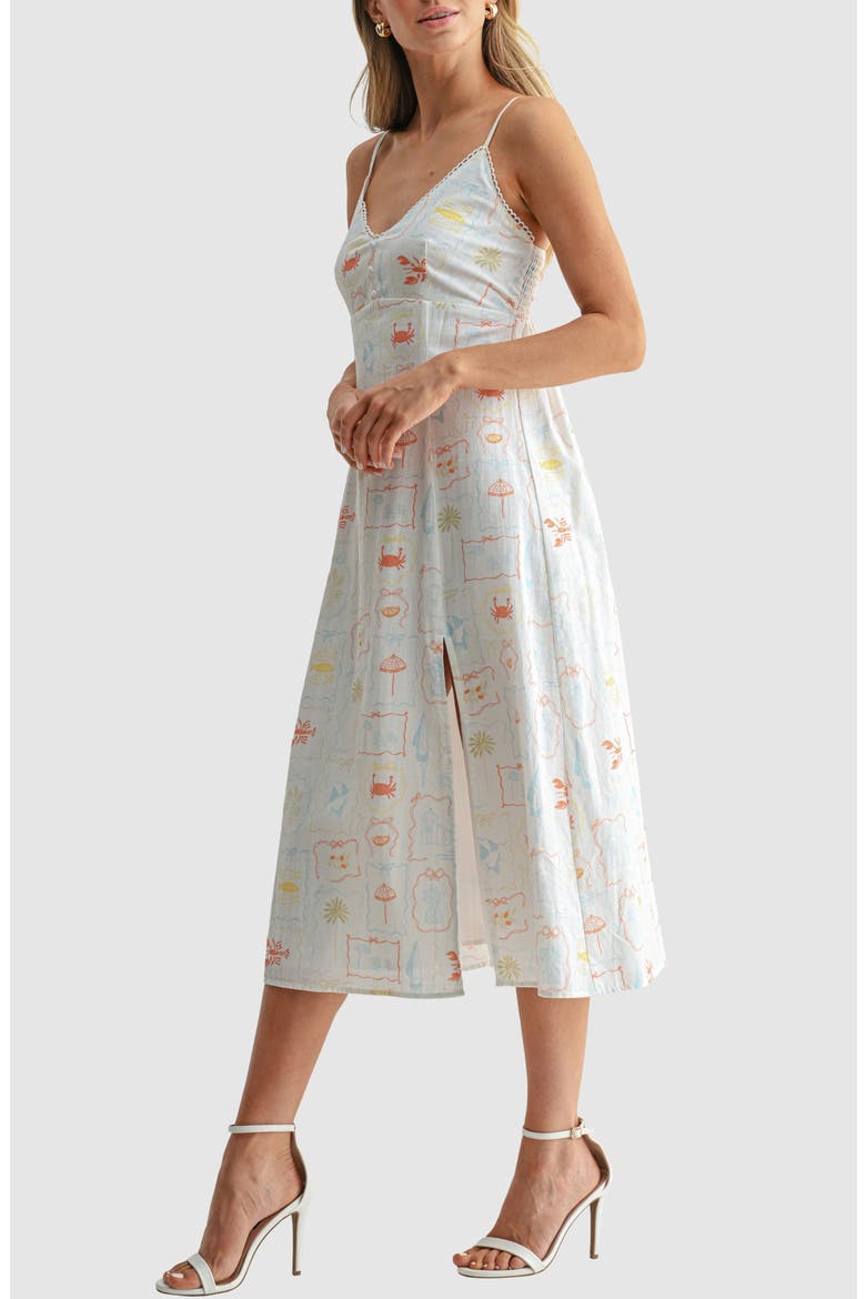 V-Neck Button Detail Midi Dress, Alternate, color, IVORY SEA PRINT