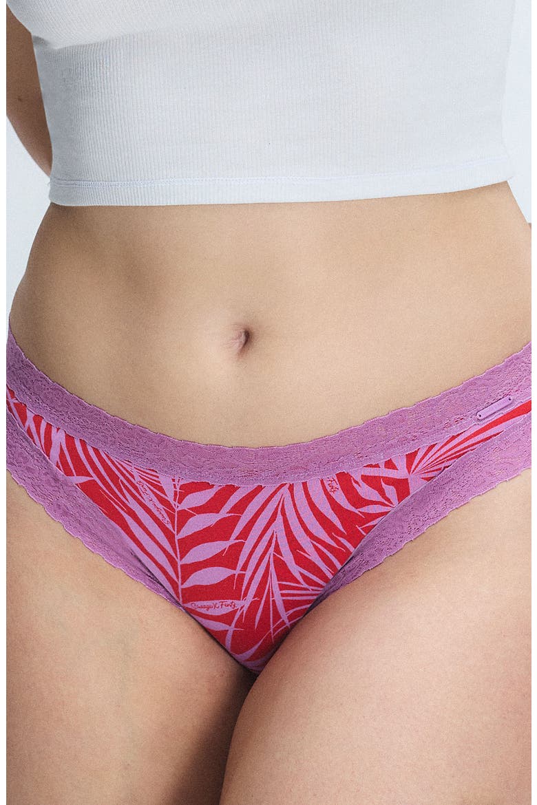 Essentials Lace Trim Stretch Cotton Cheeky Briefs, Main, color, AFFECTION RED KEEP PALM PRINT