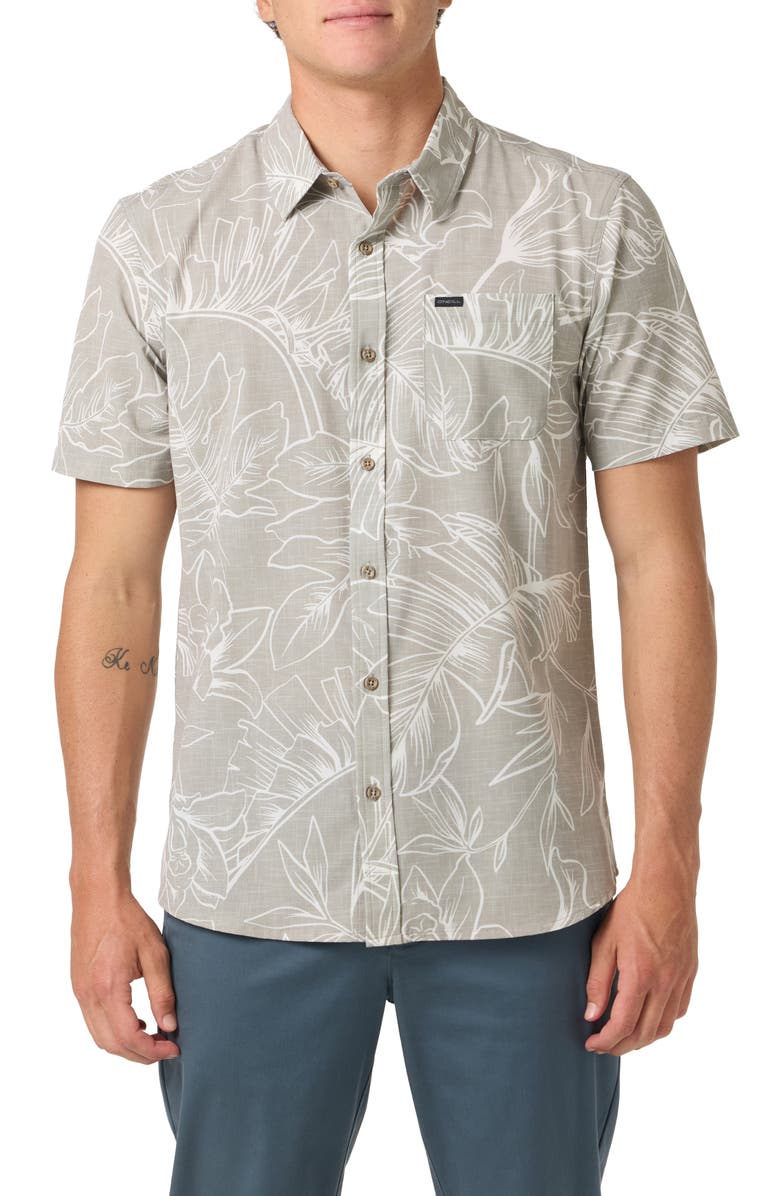 O'Neill TRVLR UPF Traverse Floral Short Sleeve Performance Button-Up Shirt, Main, color, Khaki