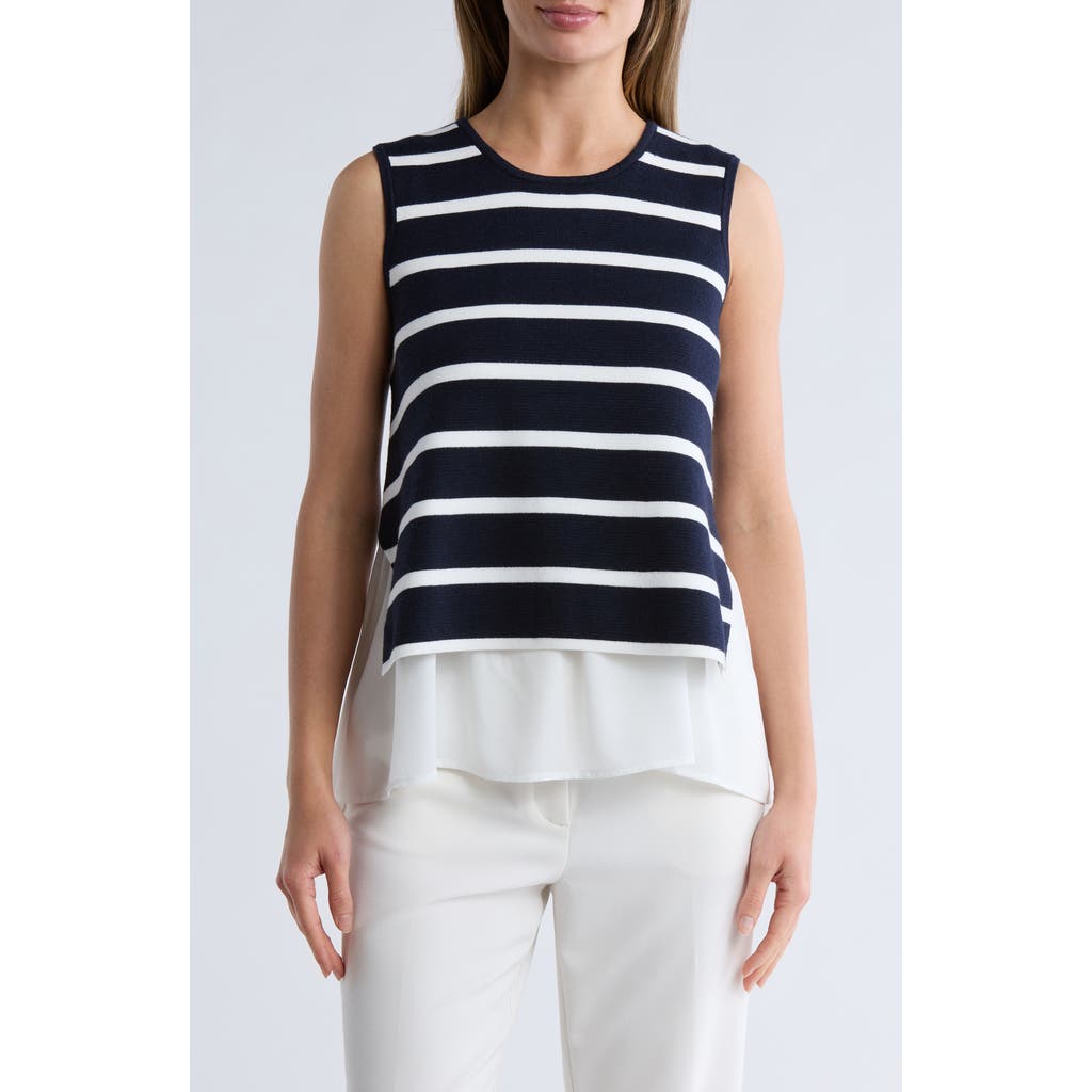 Adrianna Papell Stripe Sleeveless Twofer Sweater Vest In Blue