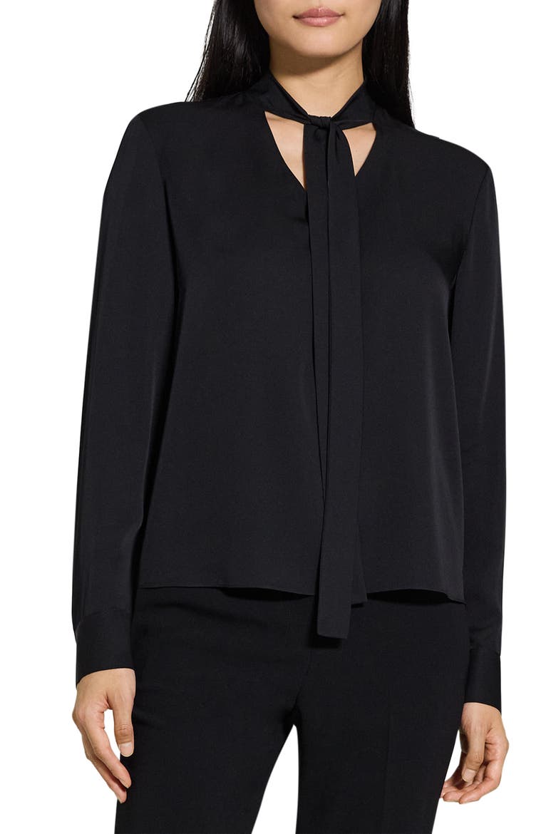 Tie Neck Silk Shirt, Main, color, BLACK