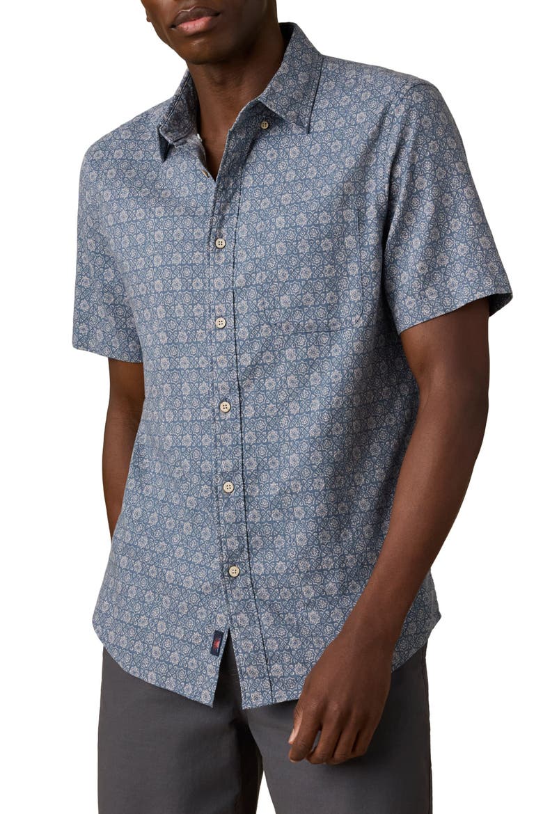 Breeze Short Sleeve Linen Blend Button-Down Shirt, Main, color, BLUE GROVE TILE