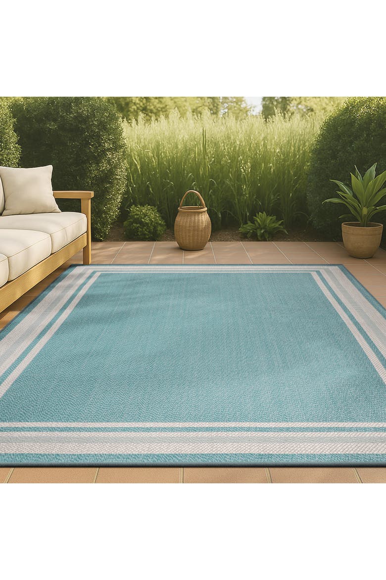 James Modern Border Stripe Indoor/Outdoor Area Rug, Alternate, color, Aqua/Beige