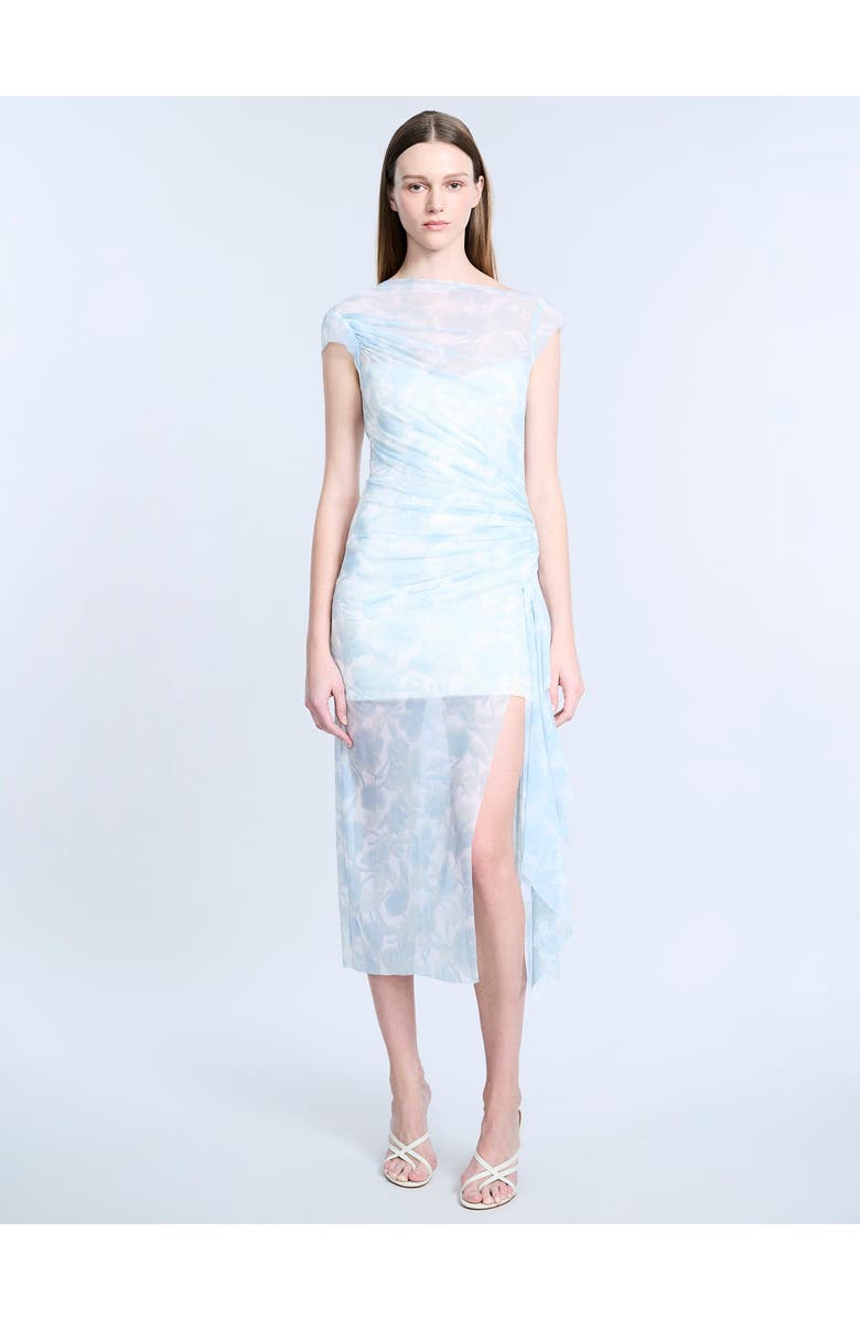 BCBGMAXAZRIA Mesh Sequin Midi Dress, Main, color, Sky Floral Print