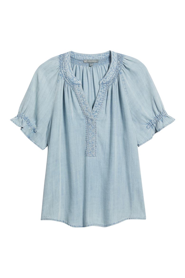 Smocked Embroidered Chambray Top, Alternate, color, POWDER BLUE