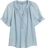 Wit & Wisdom Smocked Embroidered Chambray Top
