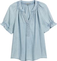 Wit & Wisdom Smocked Embroidered Chambray Top