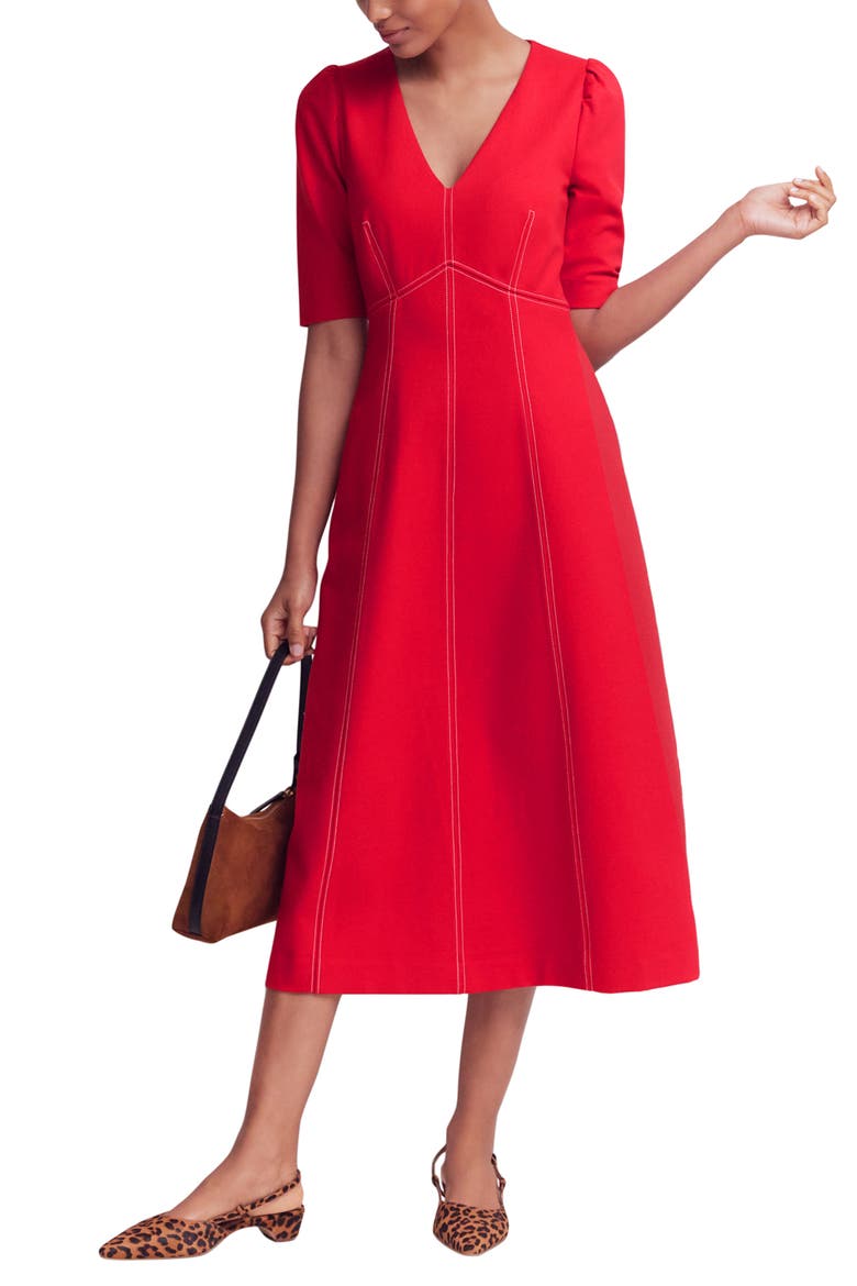 Puff Sleeve Ponte Midi Dress, Main, color, MERIDA RED