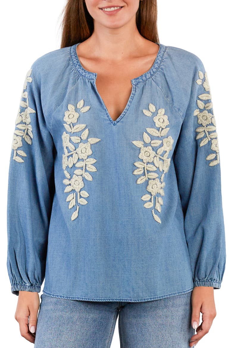 Boho Jo Floral Embroidered Denim Popover Top, Main, color, DENIM